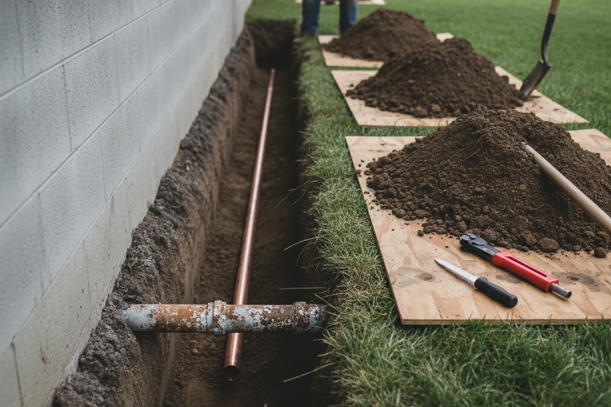 Excavated water line trench during Water Softener Installation in Reidville